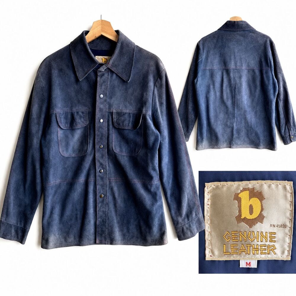 b Genuine Leather Suede Blue Button-Up Shirt Jacket Men’s Medium Long Sleeve